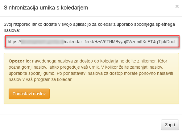 Povezava URL za samodejno sinhronizacijo koledarja