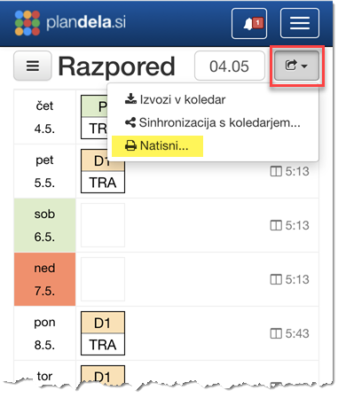 Tiskanje razporeda