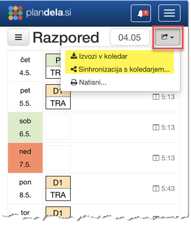 Izvoz v koledar