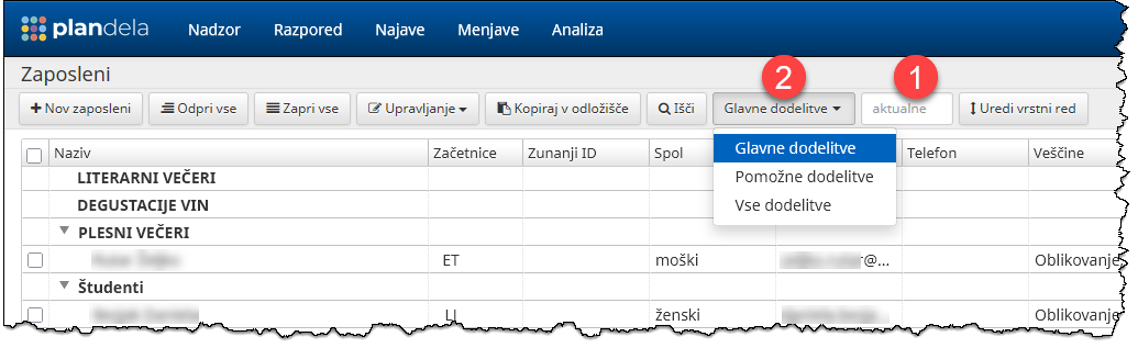 Dodatne možnosti pri urejanju vrstnega reda zaposlenih