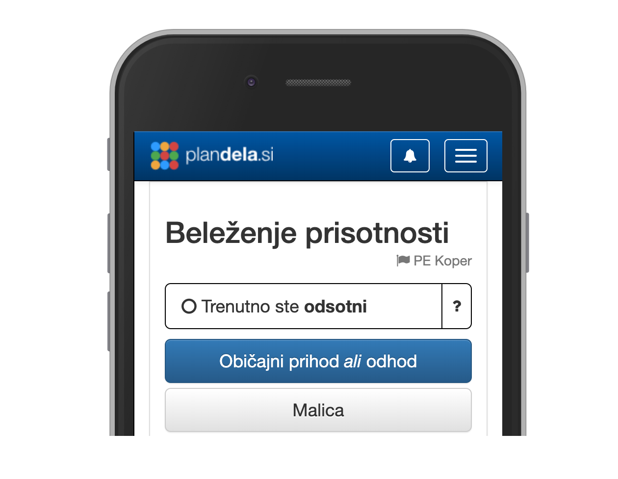 Zaposleni lahko prisotnost beležijo tudi z uporabno mobilnega telefona ali računalnika. Zaposleni lahko prisotnost beležijo tudi z uporabno mobilnega telefona ali računalnika.